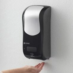 San Jamar SH970BKSS Summit Rely Black Hybrid Automatic Hand Soap, Sanitizer, And Lotion Dispenser - 5 1/2" X 4" X 12"
