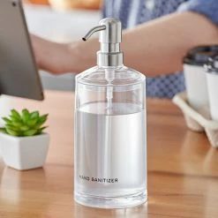 American Metalcraft DPPR20 20 Oz. Clear Plastic Round Refillable Hand Sanitizer Dispenser With Silkscreen And Stainless Steel Pump