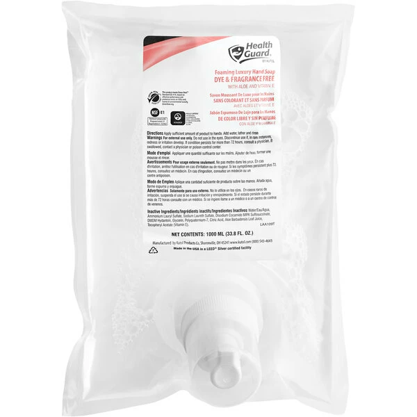 Kutol 68641 Health Guard 1000 ML Dye And Fragrance Free Green Certified Luxury Hand Soap Bag - 6/Case 2 Kutol 68641 Health Guard 1000 ML Dye And Fragrance Free Green Certified Luxury Hand Soap Bag - 6/Case - Image 2